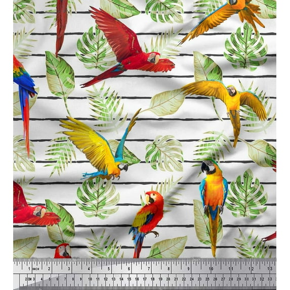 Soimoi White Velvet Fabric Tropical Leaves & Bird Print Fabric by Yard 60 Inch Wide