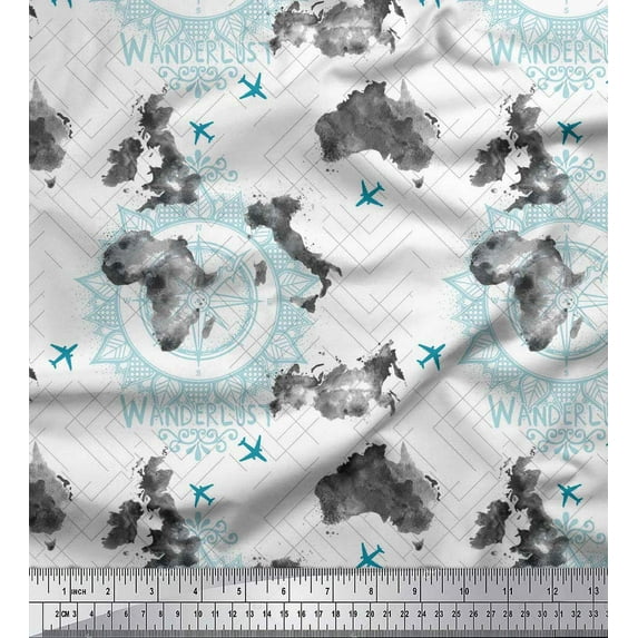 Soimoi White Velvet Fabric Wanderlust & Aeroplane Travel Decor Fabric Printed Yard 58 Inch Wide