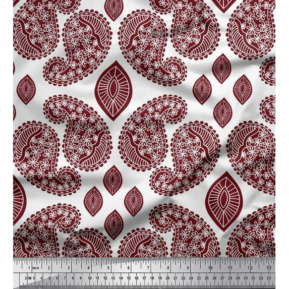 Soimoi White Viscose Chiffon Fabric Maroon Paisley Print Fabric by Yard 42 Inch Wide