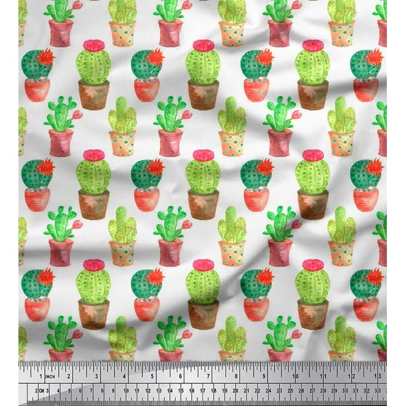 Soimoi White polyester Crepe Fabric Cactus With Conical Pot Tree Printed Fabric 1 Yard 52 Inch Wide