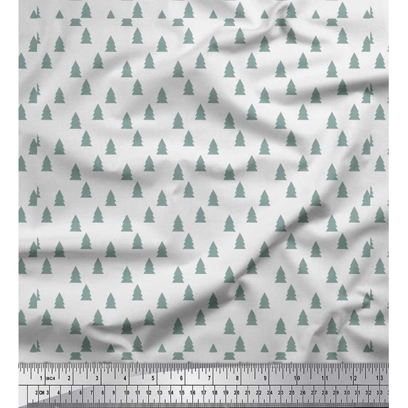 Soimoi White polyester Crepe Fabric Christmas Tree Print Fabric by the Yard 52 Inch Wide
