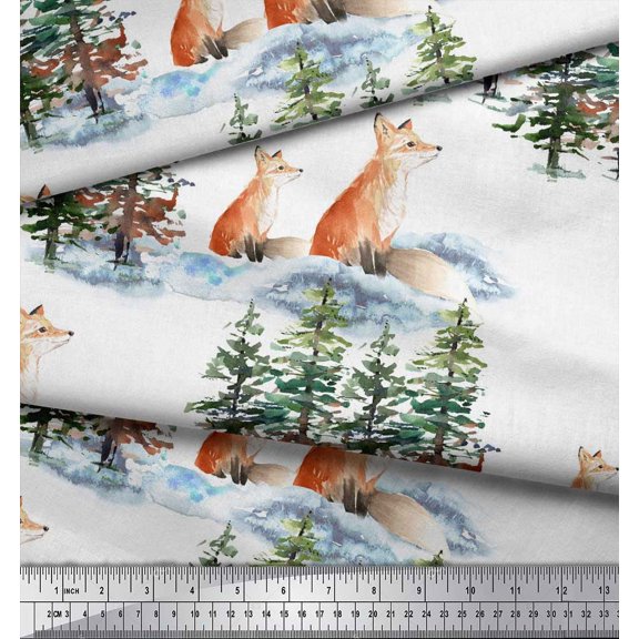 Soimoi White polyester Crepe Fabric Fox & Pine Tree Printed Fabric 1 Yard 42 Inch Wide