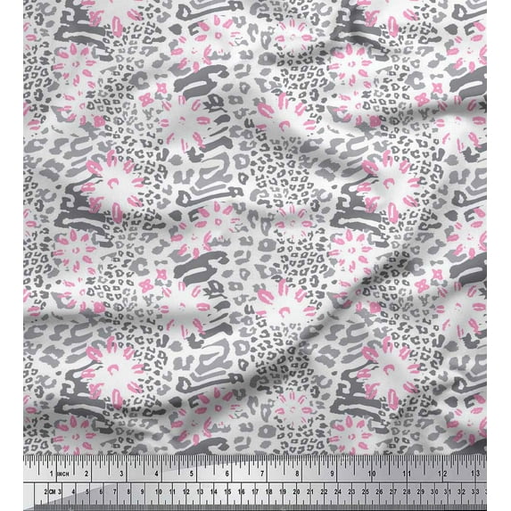 Soimoi White polyester Crepe Fabric Leopard Animal Skin Print Fabric by the Yard 42 Inch Wide