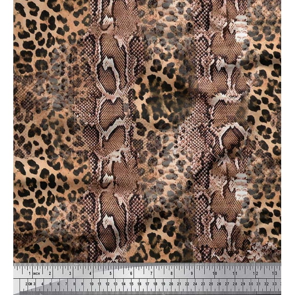 Soimoi White polyester Crepe Fabric Leopard & Snake Animal Skin Printed Craft Fabric by the Yard 42 Inch Wide