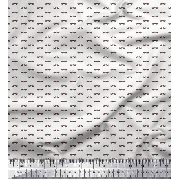 Soimoi White polyester Crepe Fabric Mustache Face Print Fabric by The Yard 42 Inch Wide