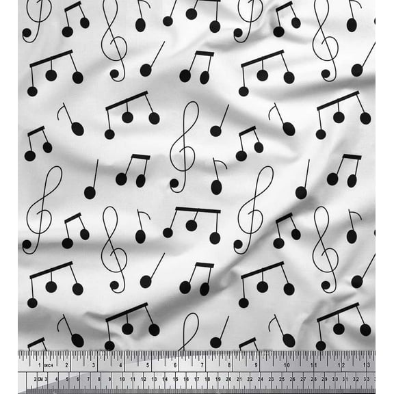Soimoi White polyester Crepe Fabric Notes Musical Instrument Decor Fabric Printed Yard 42 Inch Wide