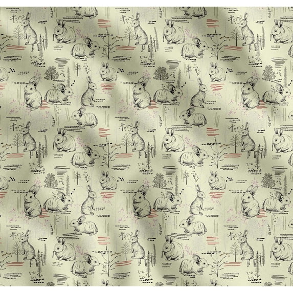 Soimoi Yellow Cotton Cambric Fabric Abstract & Rabbit Animal Decor Fabric Printed Yard 56 Inch Wide