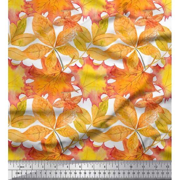 Soimoi Yellow Cotton Cambric Fabric Autumn Leaves Printed Fabric 1 Yard 56 Inch Wide