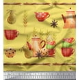 thumbnail image 1 of Soimoi Yellow Cotton Cambric Fabric Kettle & Cups Kitchen Print Sewing Fabric BTY 42 Inch Wide, 1 of 3
