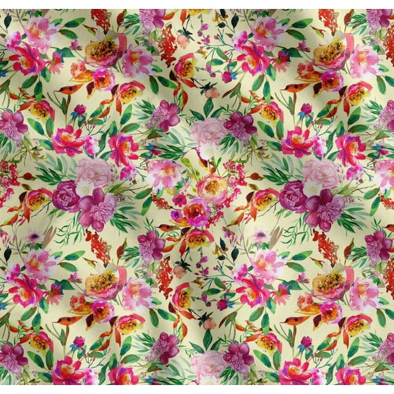 Soimoi Yellow Cotton Cambric Fabric Leaves & Pink Floral Watercolor Print Sewing Fabric BTY 42 Inch Wide