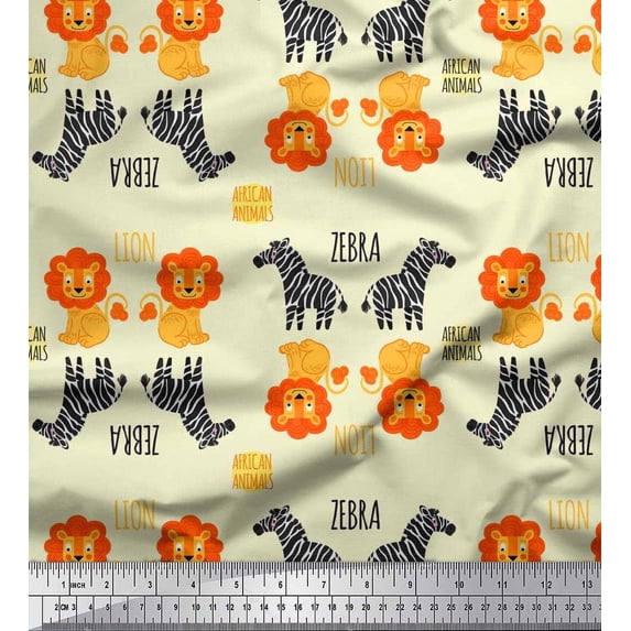 Soimoi Yellow Cotton Duck Fabric Text,Wild Animal & Lion Kids Print Sewing Fabric BTY 42 Inch Wide