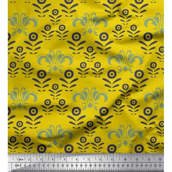 Soimoi Yellow Cotton Jersey Fabric Filigree Damask Print Fabric by Yard 58 Inch Wide