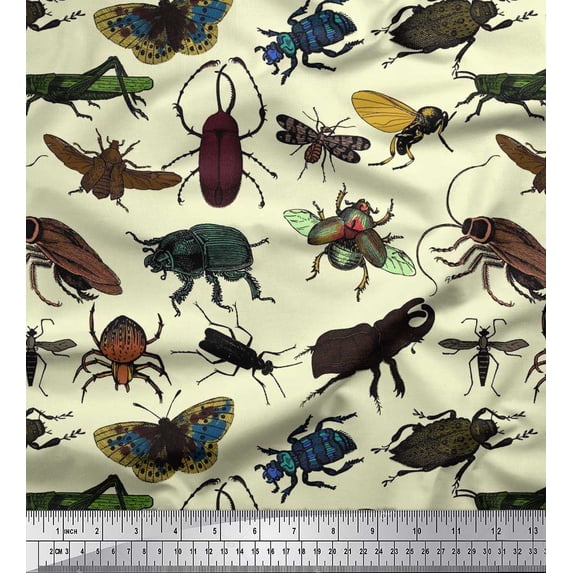 Soimoi Yellow Cotton Poplin Fabric Beetle & Honey Bee Insects Print Fabric by The Yard 56 Inch Wide