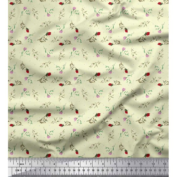 Soimoi Yellow Cotton Poplin Fabric Dot & Buds Floral Print Fabric by the Yard 42 Inch Wide