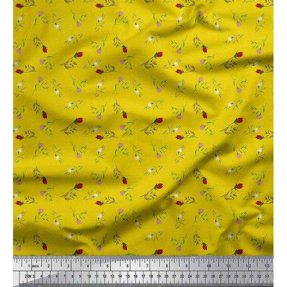 Soimoi Yellow Cotton Poplin Fabric Dot & Buds Floral Printed Fabric 1 Yard 42 Inch Wide
