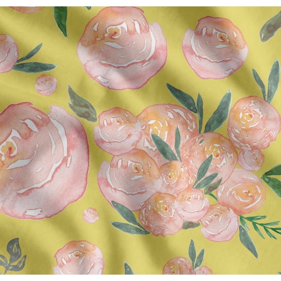 Soimoi Yellow Cotton Poplin Fabric Leaves & Peach Floral Watercolor Print Fabric by Yard 56 Inch Wide