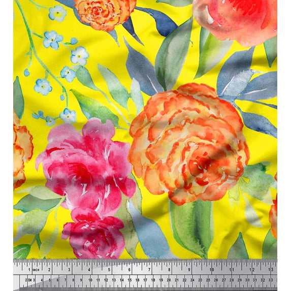 Soimoi Yellow Cotton Poplin Fabric Leaves,Peach & Pink Floral Decor Fabric Printed BTY 42 Inch Wide