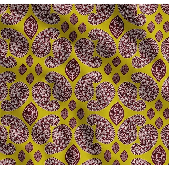 Soimoi Yellow Cotton Poplin Fabric Maroon Paisley Printed Fabric 1 Yard 56 Inch Wide