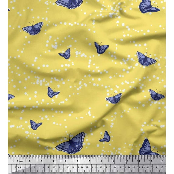 Soimoi Yellow Cotton Voile Fabric Dot & Butterfly Decor Fabric Printed Yard 56 Inch Wide