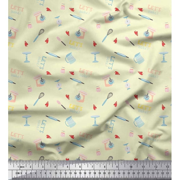 Soimoi Yellow Cotton Voile Fabric Lets Bake Kitchen Print Fabric by the Yard 42 Inch Wide
