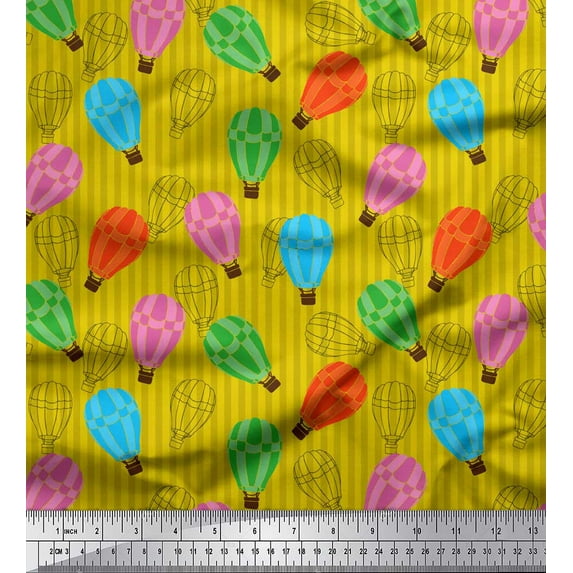 Soimoi Yellow Cotton Voile Fabric Stripe & Hot Air Balloon Holiday Printed Fabric 1 Yard 42 Inch Wide