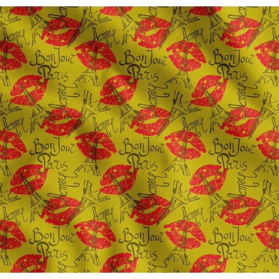 Soimoi Yellow Cotton Voile Fabric Text,Eiffel Tower & Lips Women Fabric Prints By Yard 56 Inch Wide