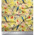 thumbnail image 1 of Soimoi Yellow Crepe Silk Fabric Floral,Parrot & Hummingbird Bird Printed Fabric 1 Yard 42 Inch Wide, 1 of 1