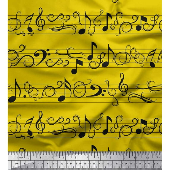 Soimoi Yellow Georgette Viscose Fabric Notes Musical Instrument Print Fabric by Yard 42 Inch Wide