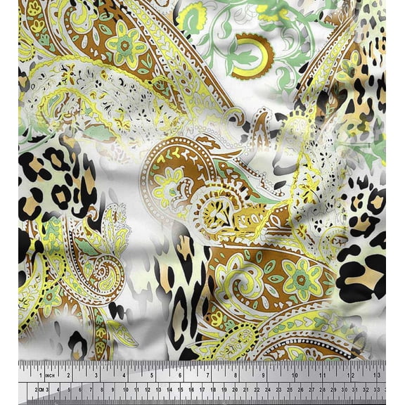 Soimoi Yellow Georgette Viscose Fabric Paisley & Leopard Animal Skin Print Fabric by the Yard 42 Inch Wide
