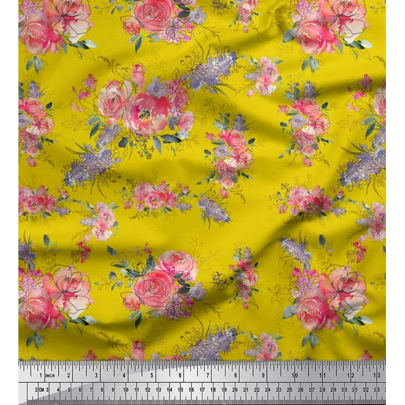 Soimoi Yellow Heavy Canvas Fabric Ranunculus & Roses Floral Print Sewing Fabric Yard 58 Inch Wide