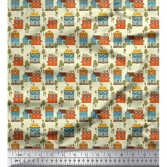 Soimoi Yellow Heavy Canvas Fabric Tree & House Architectural Print Fabric by the Yard 58 Inch Wide