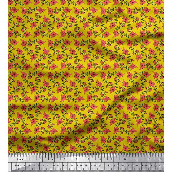 Soimoi Yellow Japan Crepe Satin Fabric Leaves & Bunchberry Floral Print Fabric by Yard 44 Inch Wide