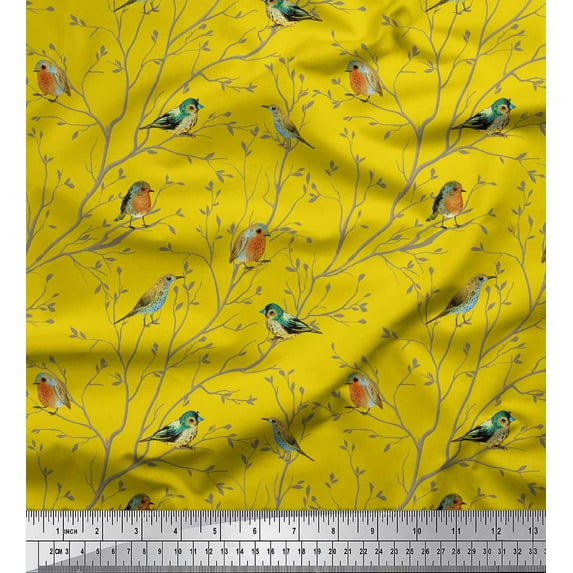 Soimoi Yellow Japan Crepe Satin Fabric Leaves & Flowerpecker Bird Print Fabric by Yard 44 Inch Wide