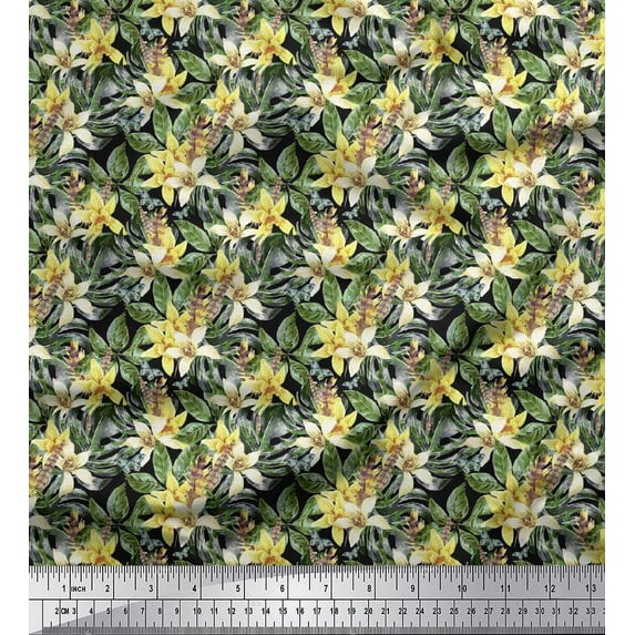 Soimoi Yellow Japan Crepe Satin Fabric Monstera Leaves & Yellow Floral Print Sewing Fabric BTY 42 Inch Wide