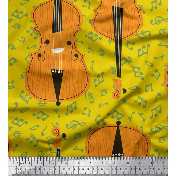 Soimoi Yellow Modal Satin Fabric Notes & Violin Musical Instrument Print Fabric by the Yard 42 Inch Wide