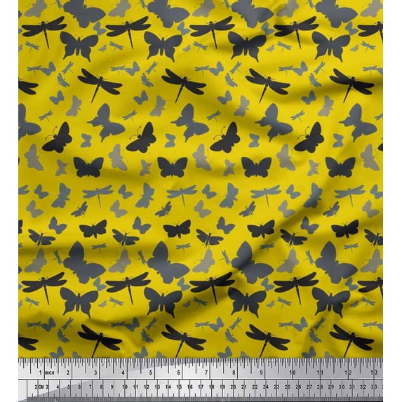 Soimoi Yellow Poly Georgette Fabric Artistic Insects Print Sewing Fabric BTY 52 Inch Wide