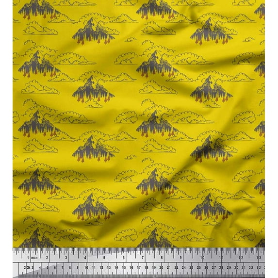 Soimoi Yellow Poly Georgette Fabric Cedar Tree & Mountain Nature Printed Craft Fabric by the Yard 42 Inch Wide