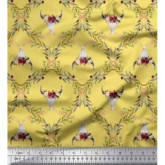 Soimoi Yellow Poly Georgette Fabric Floral & Cow Skull Head Damask Printed Fabric 1 Yard 42 Inch Wide