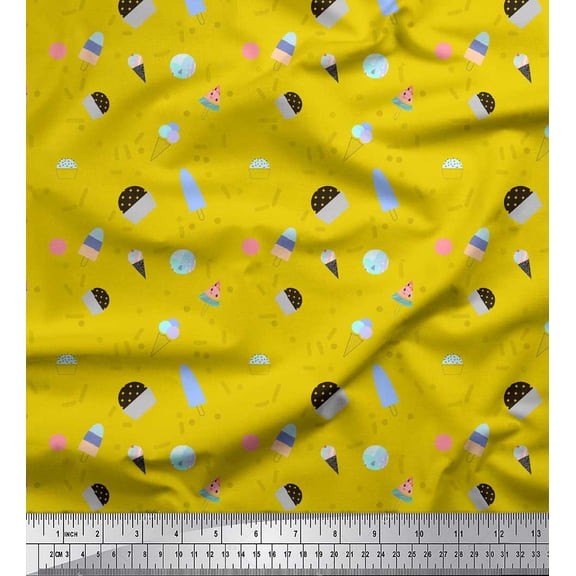 Soimoi Yellow Poly Georgette Fabric Ice Cream & Cupcakes Food Printed Fabric 1 Yard 42 Inch Wide