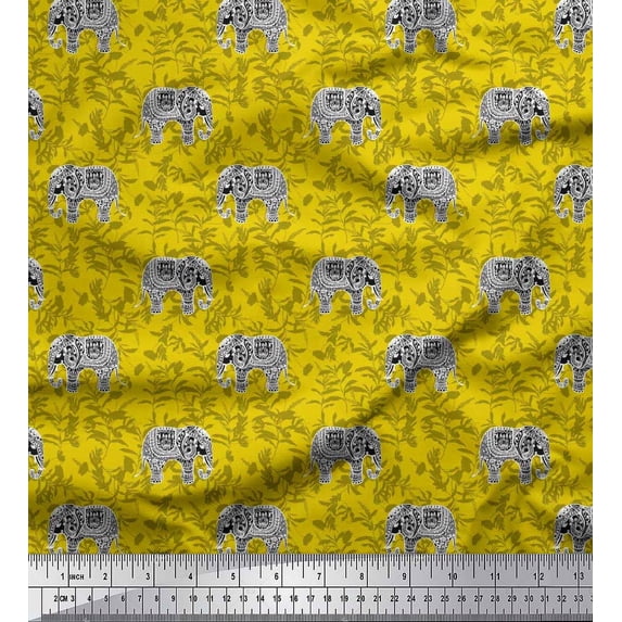Soimoi Yellow Poly Georgette Fabric Leaves & Artistic Elephant Animal Print Sewing Fabric Yard 42 Inch Wide