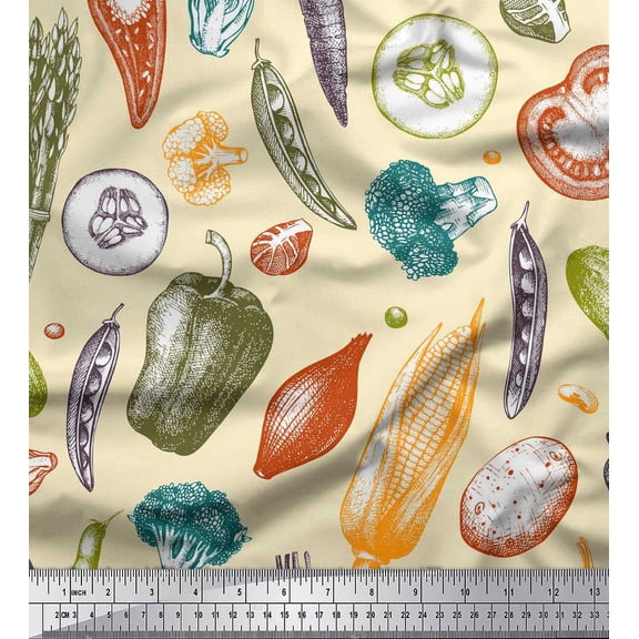 Soimoi Yellow Poly Georgette Fabric Mixed Vegetable Print Fabric by Yard 42 Inch Wide