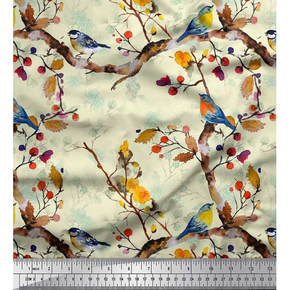 Soimoi Yellow Poly Georgette Fabric Tree & American Robin Watercolor Print Fabric by The Yard 42 Inch Wide