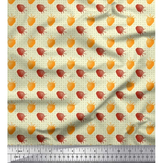 Soimoi Yellow Poly Georgette Fabric Triangle & Strawberry Fruits Printed Fabric 1 Yard 52 Inch Wide