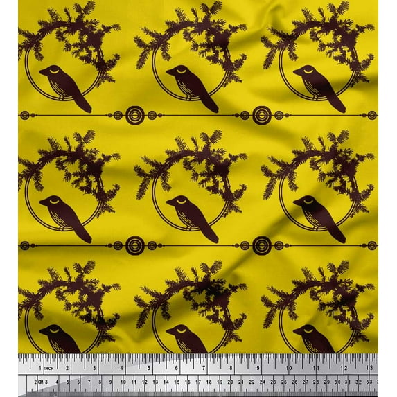 Soimoi Yellow Poly Georgette Fabric Wreath & Bird Print Fabric by the Yard 42 Inch Wide