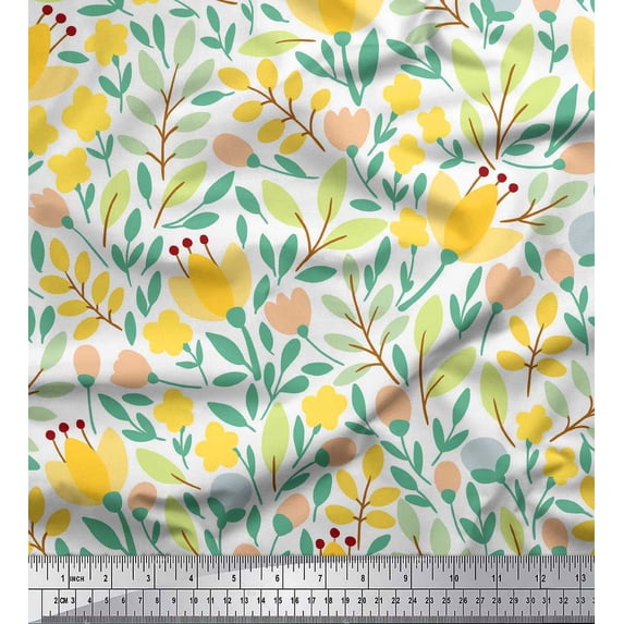 Soimoi Yellow Rayon Crepe Fabric Artistic Leaf & Floral Print Sewing Fabric Yard 46 Inch Wide