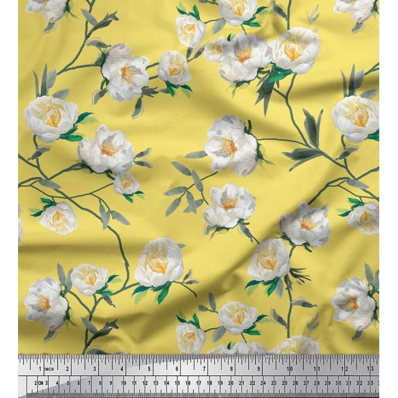 Soimoi Yellow Rayon Crepe Fabric Leaves & Magnolia Floral Print Fabric by the Yard 46 Inch Wide