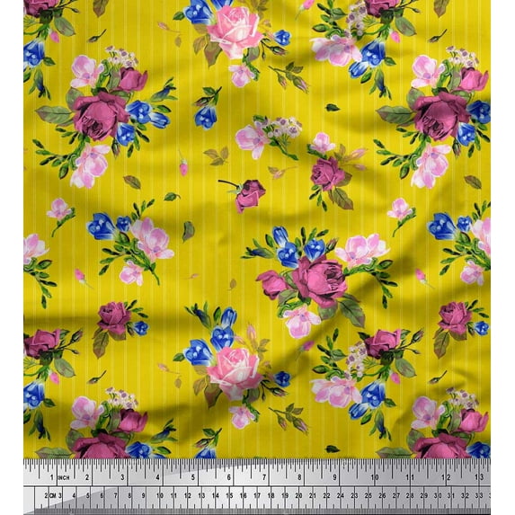 Soimoi Yellow Rayon Crepe Fabric Stripe,Cyclamen & Rose Floral Decor Fabric Printed Yard 46 Inch Wide