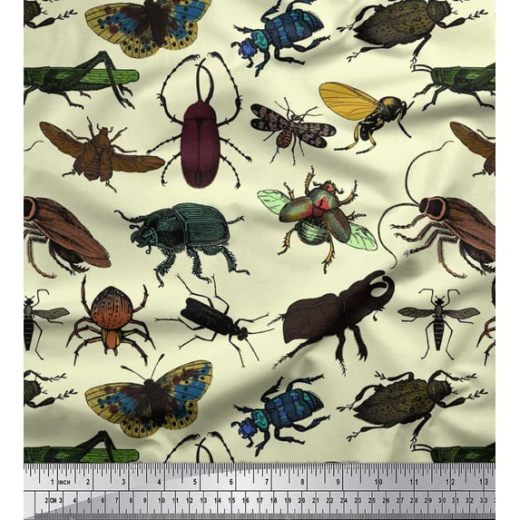 Soimoi Yellow Rayon Fabric Beetle & Honey Bee Insects Print Fabric by Yard 42 Inch Wide