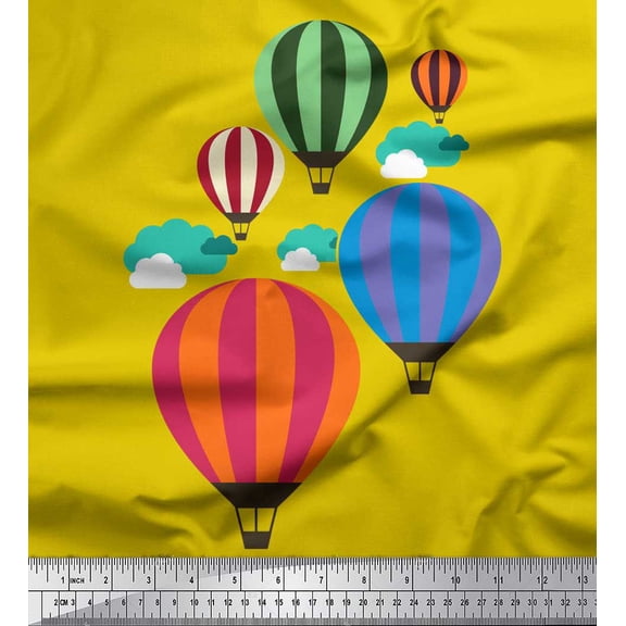 Soimoi Yellow Rayon Fabric Cloud & Hot Air Balloon Holiday Printed Fabric 1 Yard 56 Inch Wide