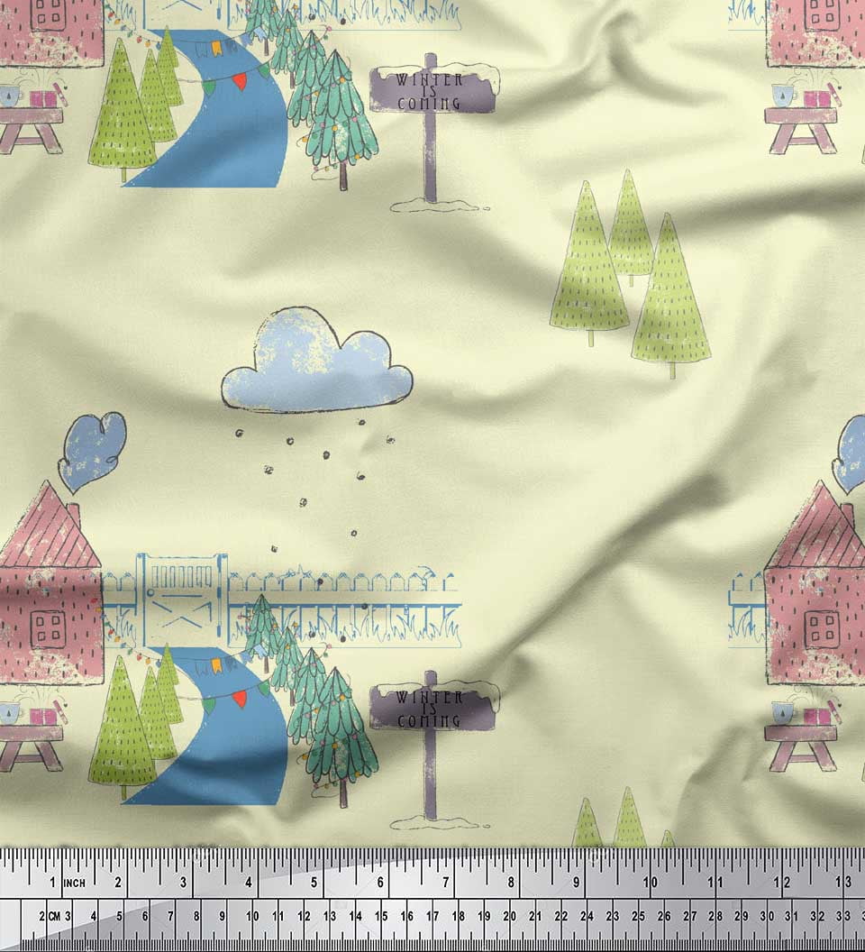 Soimoi Yellow Rayon Fabric Clouds & Tree Christmas Print Fabric by the Yard 42 Inch Wide